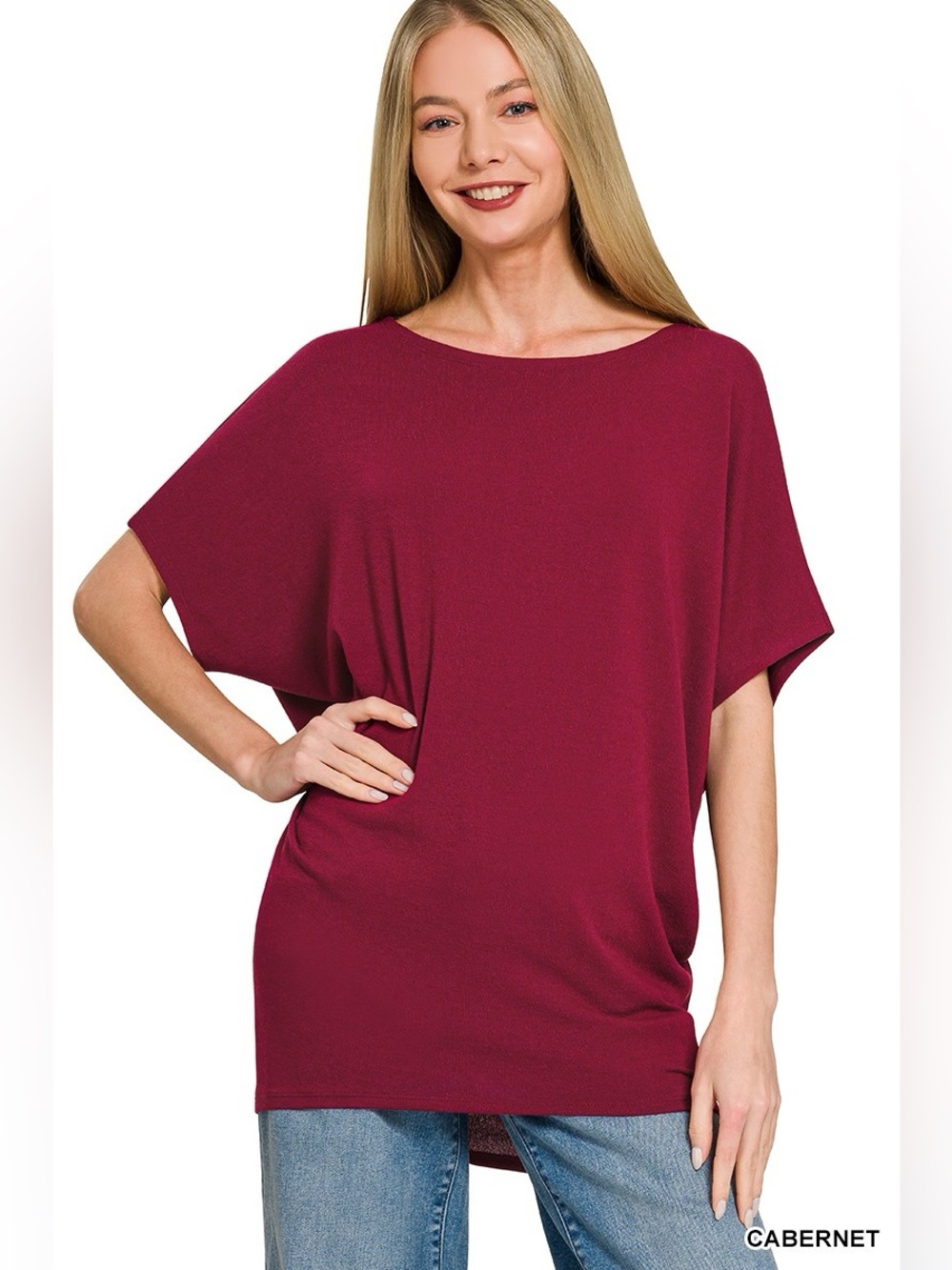 Zenana Hacci Dolman Sleeve Boat Neck Top – Cabernet 🍷🛍️